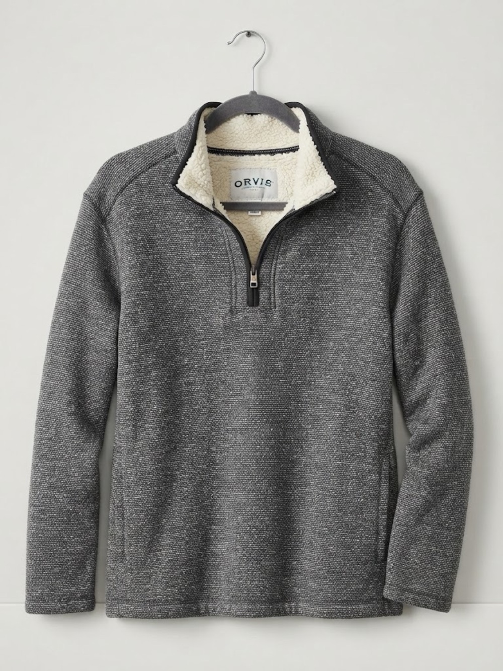 Orvis Mens XL Gray Textured 1/4 Zip Sherpa Lined Pullover Fleece Jacket